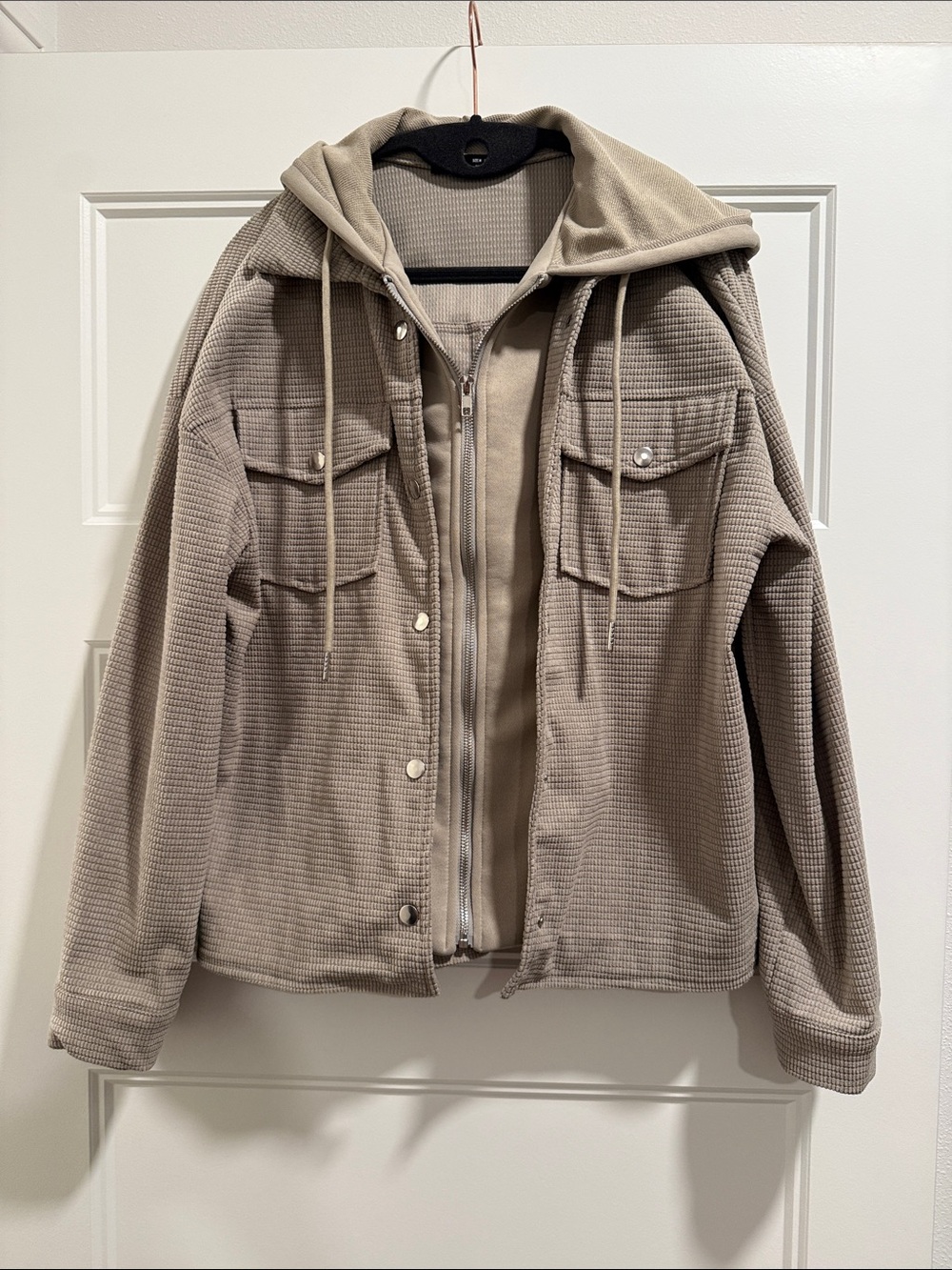 SHEIN Taupe Waffle Knit Hooded Bomber Jacket